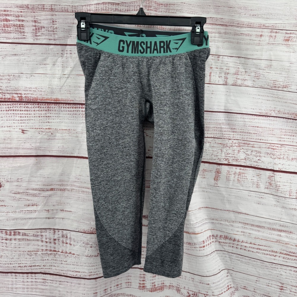 Gymshark Flex Cropped Leggings Womens Small Grey Teal Logo Waistband Seamless